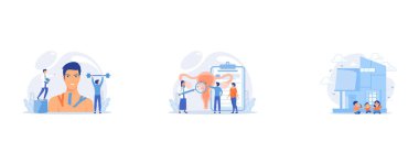 Webinar, Internet lesson, Doctors examine uterus with magnifier to treat endometriosis, Children play in center giving information about treatment of ASD, set flat vector modern illustration