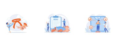 Young athletes doing karate outside at summer camp and big belt, tiny people, Tiny business people reading menu and sea food products, fish and crab, Scientists working with huge DNA of a chicken, set flat vector modern illustration