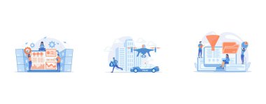 Laptop with data visualization software and developers working, Police car and drone tracking thieve in mask with money and crime scene, Dashboard consolidating metrics on computer screen, set flat vector modern illustration