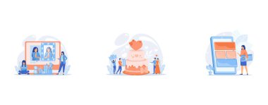 Female user watches beauty blogger showing latest trend makeup tutorial, Bride and groom at wedding party and guests with gifts at big cake, Mobile software optimization, UI, UX development, set flat vector modern illustration