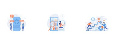 Voice assistant translating into foreign languages, User reading ebook on tablet and books, A man running up to the hand drawn stairs as a concept of coaching, business training, goal achievment, success, progress, carreer ladder, set flat vector mod