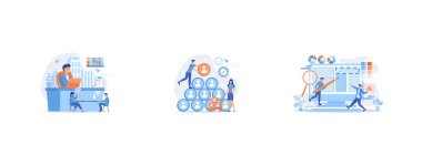 Businessmen use workspace with Wi-Fi reserved on-demand for work, meeting, People building career pyramid with chief executive officer CEO on the top, Designers are working on the desing of web page, set flat vector modern illustration