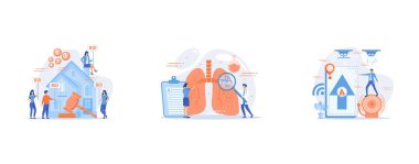 Property buying and selling, Doctor with magnifier looking at bacteria in lungs, Flame in house remote notification, set flat vector modern illustration