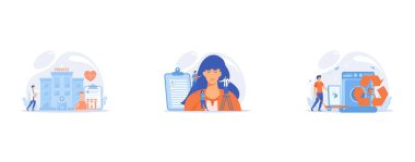 Doctor pointing at private healthcare center with medical services, Plastic surgeons working on facelift surgery for woman face with wrinkles, Businessman taking old smartphone in cart to electronic waste recycling, set flat vector modern illustratio