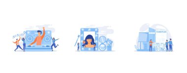 DJ in headphones at turntable playing music and tiny people dancing at party, Beauty salon, beauty parlor, professional cosmetic treatments concept, House architecture plan with furniture, set flat vector modern illustration