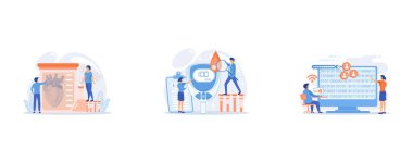 Scientists growing big heart in test tube in laboratory, Doctor with magnifier and blood glucose testing meter, Hacker gathering target individuals sensitive data and making it public, set flat vector modern illustration