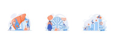 Doctors examining huge liver with magnifier and microscope, Patient with thought bubble and doctor examining brain, Businessmen climb growth column graph, set flat vector modern illustration
