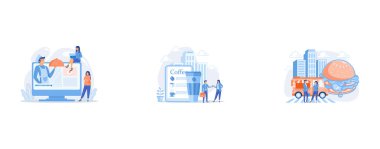 Professional chef holding dish on video and users watching food blog with recipes, Businessmen drinking take away coffee at huge paper coffee cup and beans, Huge hamburger and businessman and woman eating in the street near truck, set flat vector mod