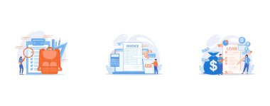 Clipboard with list to do, big school backpack, ruler and student with magnifier, Money loan contract, e payment application, finances management, Loan disbursement, quick loan service, easy credit program concept, set flat vector modern illustration