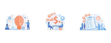 Big brain with circuit and programmers, Salesperson suggesting a solution idea to consumers problem, Vacation fund, summer spending plan, vacation budget plan concept, set flat vector modern illustration
