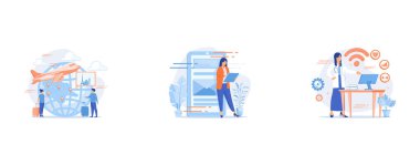 Couple going on holiday vacation, around world journey, Modern communication technology, online chatting, SMS texting, Health monitoring system, set flat vector modern illustration