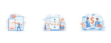 Businessman completing online survey form on smartphone screen, Businessmen work with improvement diagrams and charts, Demand planning, demand analytics, digital sales forecast concept, set flat vector modern illustration