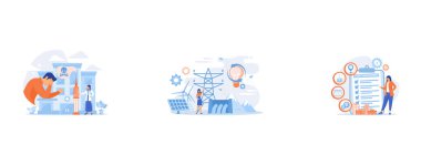 Patient getting medical treatment for dependency on psychoactive substances, Scientist with sustainable development ideas solar panels, hydropower, wind, Manager with checklist creating event plan and development, set flat vector modern illustration