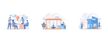 Business team brainstorm idea and lightbulb from jigsaw, Business people working at laptops in office with meditation and relax area, Borrower making mortgage payment for real estate and mortgage loan agreement, set flat vector modern illustration