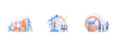 Firefighter extinguishing flame character, news, interviews, music, voice acting, sound recording on the radio into a microphone, teamwork,a group of people dancing and having fun to the music, Tiny people, parents and overweight kid on scales, fast 