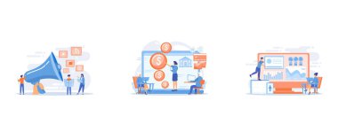 Tiny peple, marketing manager with megaphone and push advertising, Financial consultant calculating pensioners fund, Enterprise IT management, IT software solutions, enterprise architecture concept, set flat vector modern illustration