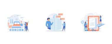 Couple in VR glasses, People checking cafe, bar and retail shop rates and ranks with smartphones, User with book and tablet watching himself flying on paper plane in augmented reality, set flat vector modern illustration