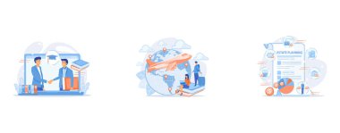 Online tutor, on-demand homework help, english teacher online concept, Worldwide travel, school adventure, Property taxes and expenses, set flat vector modern illustration