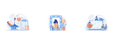 Nurse with donor sitting in medical chair and donating blood in donation bag, Professional makeup artists applying make up with brush on woman face in mirror, Script writing, software engineering, set flat vector modern illustration