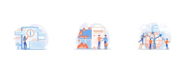 User looking for information in tablet with magnifier, Burn house, flaming building, Career opportunity, set flat vector modern illustration