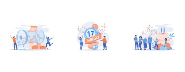 Lucky tiny people turning raffle drum with tickets and winning prize gift boxes, Businessman and woman winners and bingo lottery balls with lucky numbers, tiny people, Parents, grandparents and children with presents at big cake with celebrating, tin