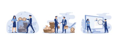 Saving money concept, Two business partners handshaking, Tiny HR manager looking for candidate for job, set flat vector modern illustration