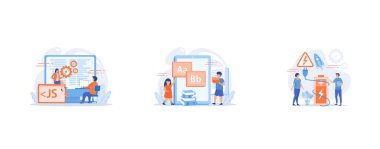 Tiny business people work at detachable computer, Children at tablet and with laptop using kids friendly alphabet application, Safety battery, protected energy device, battery safety use concept, set flat vector modern illustration