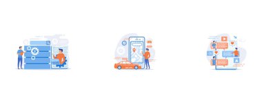 Developer using big data applications and tablet, A man near huge smartphone with city map and gps tags on the screen calls a taxi, Tablet with users communicating and speech bubbles, set flat vector modern illustration