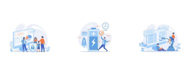 Parents with children using content control software, Battery runtime, extend runtime technology, long battery life concept, Developer at laptop and computer with open robotic soft, set flat vector modern illustration