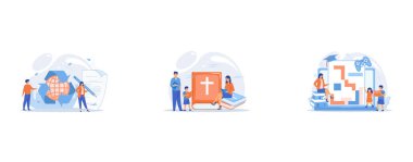 Specialists writing new mandatory recycling laws for country, Tiny people christians reading the Holy Bible and learning about Christ, Entertaining studying, logical thinking development, set flat vector modern illustration