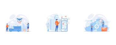 Autonomous delivery van with sensors and drone delivering parcel, A man near huge LCD screen with city map and gps tags on the screen getting information about the city, Digital data storage, database securiry, data protection, cloud technology conce