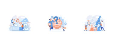 Programmers develop program for platforms, Self management, life coaching, Kids Science camp, young scientists lessons, kids laboratory tests concept, set flat vector modern illustration