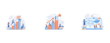 Goal achievement, career promotion, school graduation, Qualification increase course, skills improvement coaching, Futuristic classroom, little children study with high tech equipment, set flat vector modern illustration