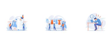 Fashion designers creating a dress pattern and making dress with cloth on mannequin, Main master designer creating fashion clothes designs and hanging it on coat rack, Terrible time crunch, cramming material before tests, examination, set flat vector