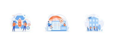 Eco battery, environmentally friendly battery, innovative eco-design concept, Business people work with laptops protected from internet-based risks, Students interacting with each other, making friends at university, set flat vector modern illustrati
