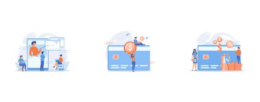 Students watching recorded lecture with professor talking from tablet, E-commerce and online shopping, financial operations and plastic card, mobile payment and banking concept, Debit card, gift box and users, set flat vector modern illustration