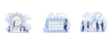 analyze data, pregnant woman expecting childbirth looking at the calendar, handshake concept, set flat vector modern illustration