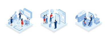 business work flow, time management, planning, task app, teamwork, meeting, small people characters develop creative business idea, Idea of business goal and arrow as a metaphor of achievement and success, isometric vector modern illustration