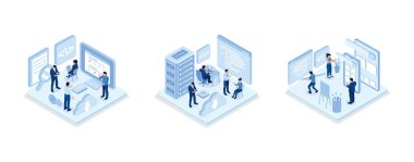 People characters developing software and sending data to cloud storage, Developers team programming and writing program code on laptop, Development process concept, isometric vector modern illustration