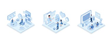 Call center concept, Doctor online concept with character,Student Learning Online at Home, isometric vector modern illustration