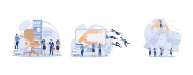 Recruitment recruitment agency job seekers job applicants and office chair open vacancy, generating potential customers, save energy and water, set flat vector modern illustration
