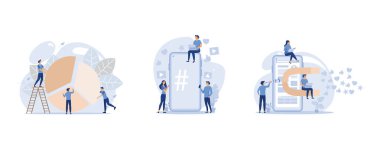 small people like jigsaw puzzles puzzles collect infographics , phone with hashtag sign, a big magnet attracts likes, set flat vector modern illustration
