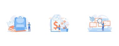 Back to school supplies and stationery, education tools and accessories, learning equipment concept, Tablet, bank card and manager using banking software for transactions, Copywriting service, content management, set flat vector modern illustration