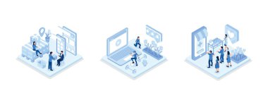 Online Delivery Service Web Banner Template, Fitness and Healthy Sport Concept, Doctor Pharmacist in Online Drugstore, isometric vector modern illustration