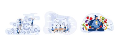 Work operations and teamwork productivity with control tiny person concept, Council meeting and CEO head discussion and brainstorm tiny person concept, Vegan detox food and drink in glass as organic and vitamin full beverage from straw, set flat vect