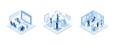 Online survey or questionnaire concept, Interaction between team and robot, People in coworking office concept design, isometric vector modern illustration