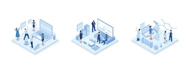 Startup concept with rocket launch, Financial management concept, Scientists characters standing together, isometric vector modern illustration