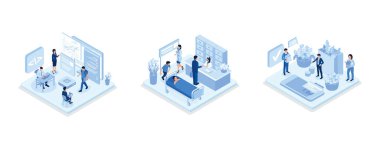 Character Developing new Software on Laptop, Health Care Services and Online Medicine Concept, Making Order in Online Grocery Shop and Paying with Credit Card, isometric vector modern illustration