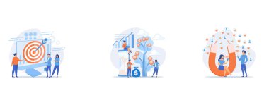 Big target, manager and employees engaged in company goals, Portfolio income, capital gains income, royalties from investments concept, Aiming at target audience, set flat vector modern illustration