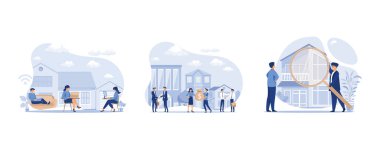 group of people working from home on the internet online, Buying and choosing housing, real estate business concept, set flat vector modern illustration